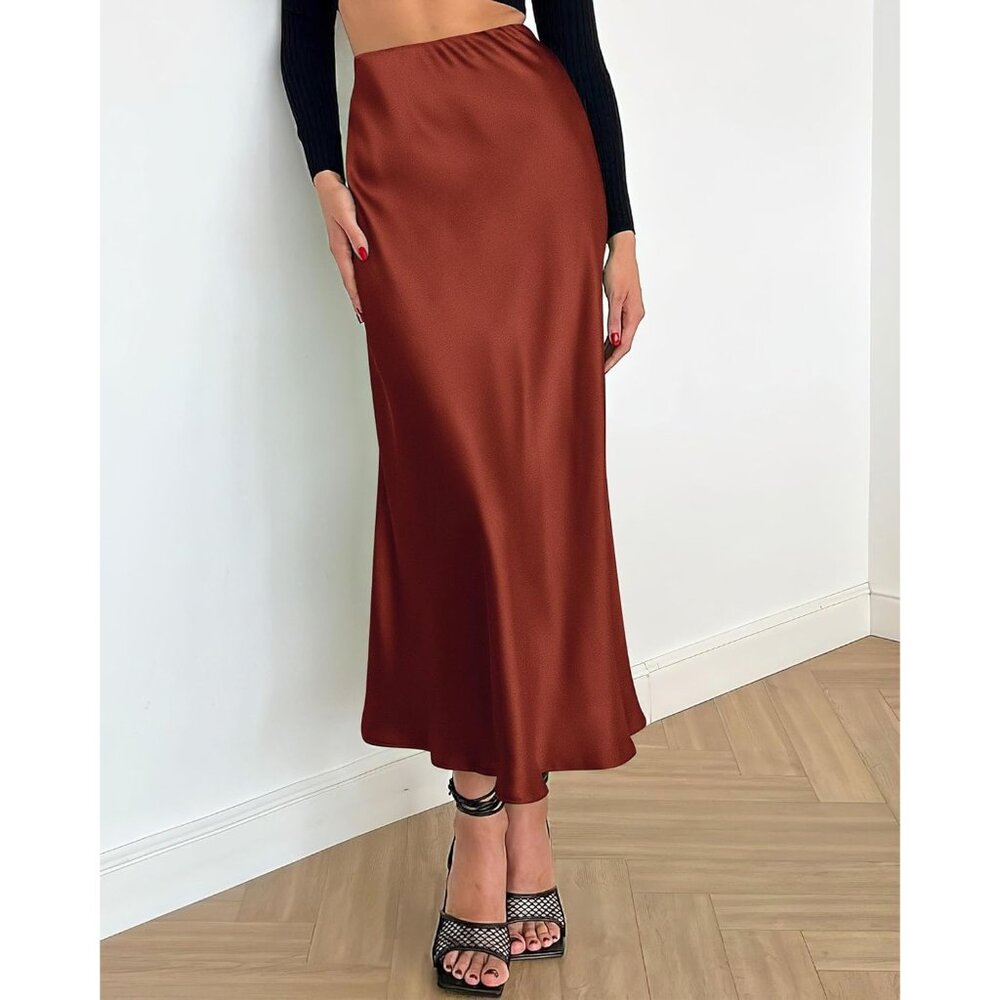 Women's Brown Long Satin Silk Elegant Waist Cocktail Flowy A-Line Midi Skirt - Picture 2 of 6